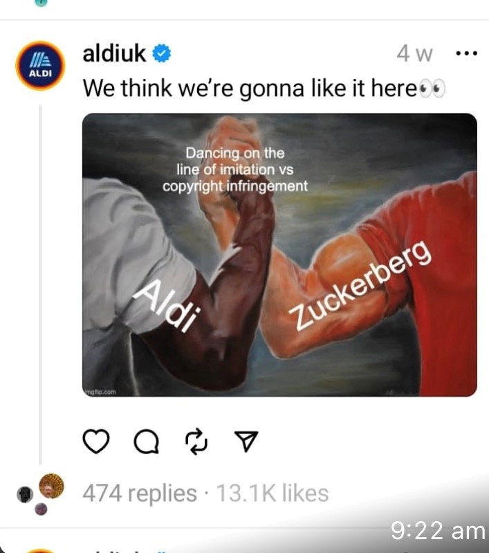 A screenshot of a meme posted by Aldi on Threads as an attempt at reactive marketing
