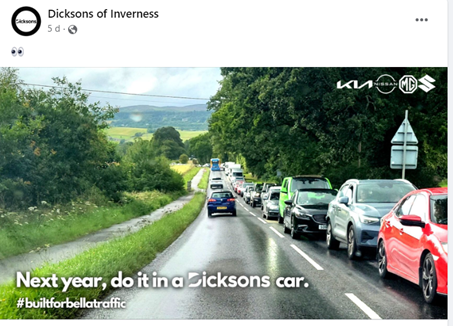 A screenshot of a graphic posted by Dicksons of Inverness on Facebook, telling audiences to "Do it in a Dicksons car".