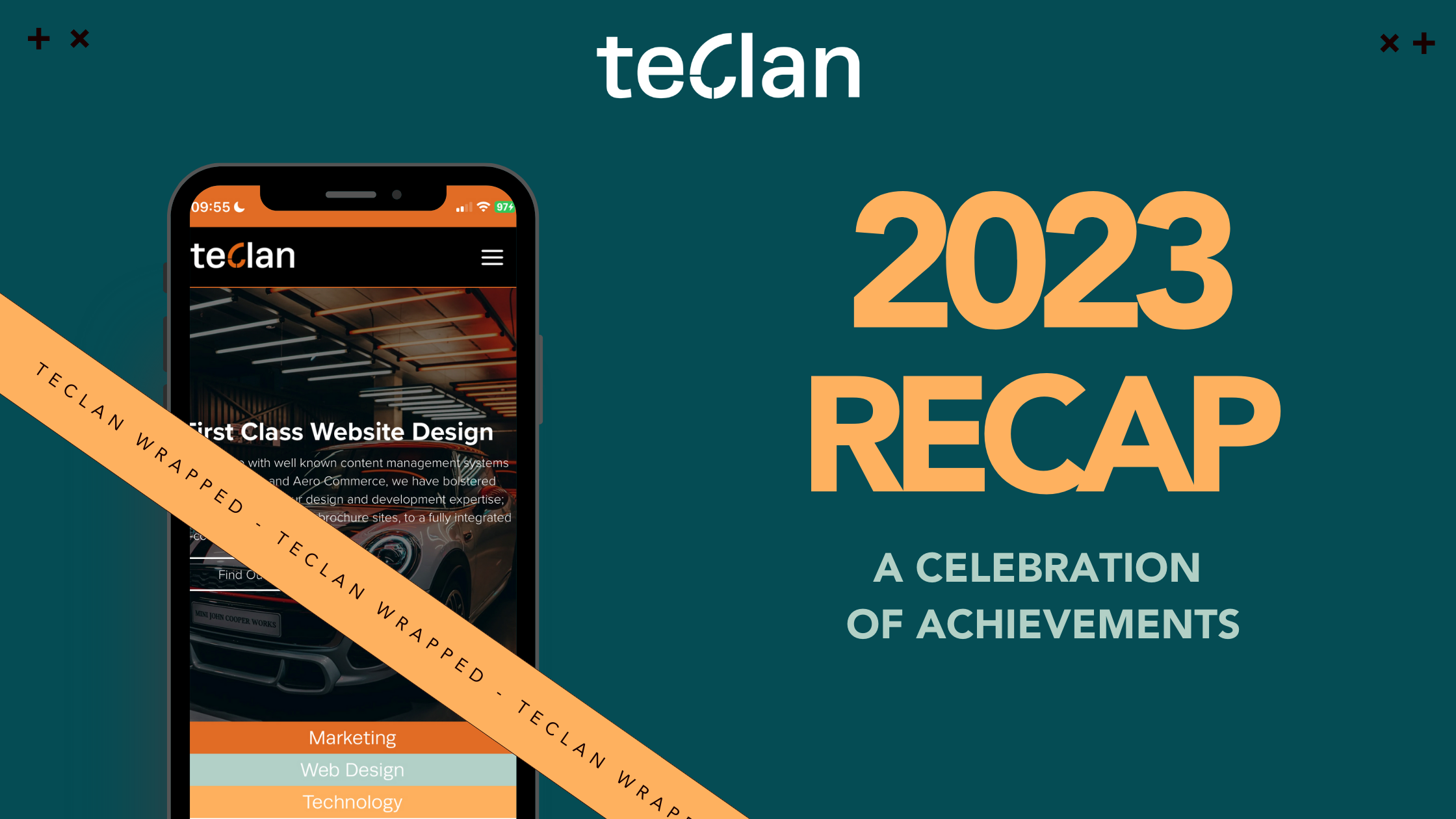 The blog banner has an Image of an iPhone with the teclan website on it, with a banner going across it saying ‘teclan wrapped’. The banner also has the text ‘2023 Recap: A Celebration of Achievements”