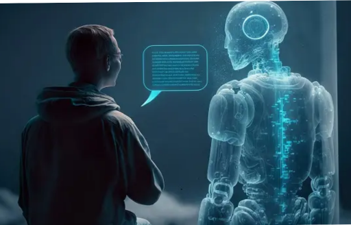 Image of a human talking to an AI robot.