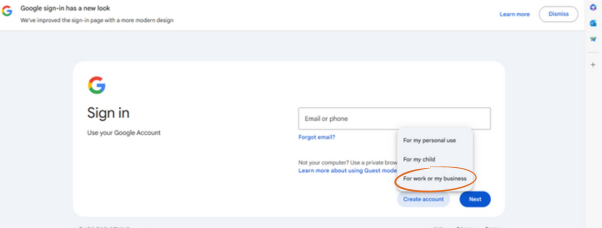 Screenshot of Google account sign in page with circle around the option "For work or my business" which appears when you click "Create account"